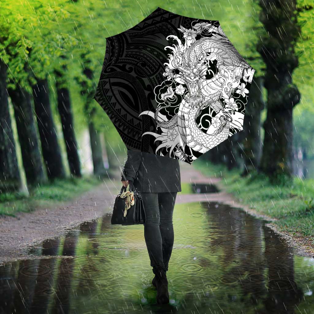 Hawaiian And Japanese Culture Umbrella Irezumi Dragon With Polynesian Pattern Black - Polynesian Pride