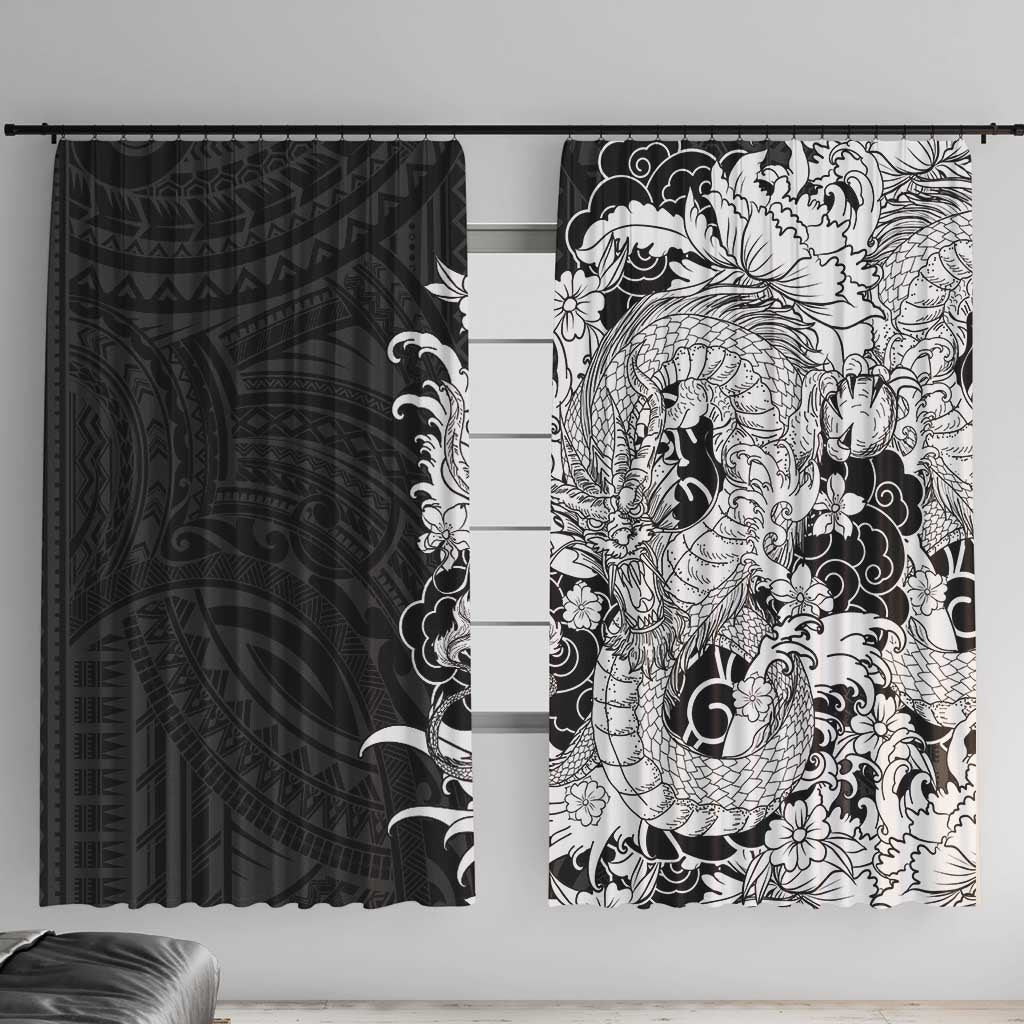 Hawaiian And Japanese Culture Window Curtain Irezumi Dragon With Polynesian Pattern Black - Polynesian Pride