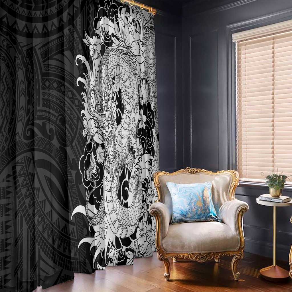 Hawaiian And Japanese Culture Window Curtain Irezumi Dragon With Polynesian Pattern Black - Polynesian Pride
