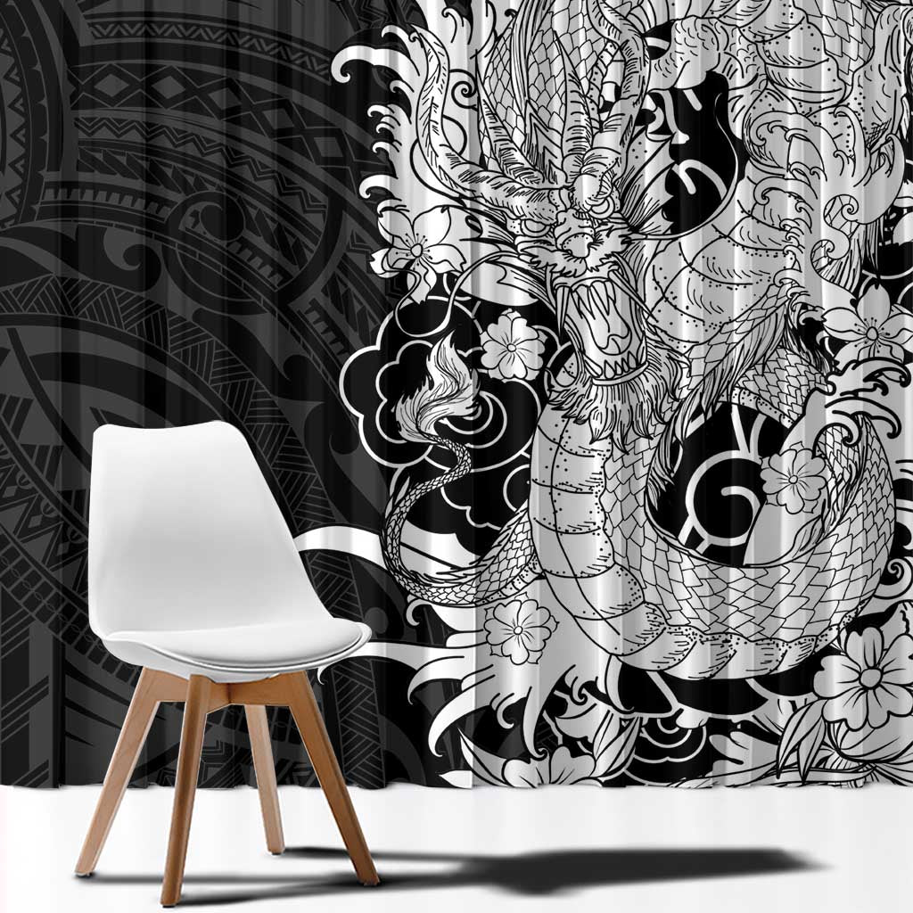 Hawaiian And Japanese Culture Window Curtain Irezumi Dragon With Polynesian Pattern Black - Polynesian Pride