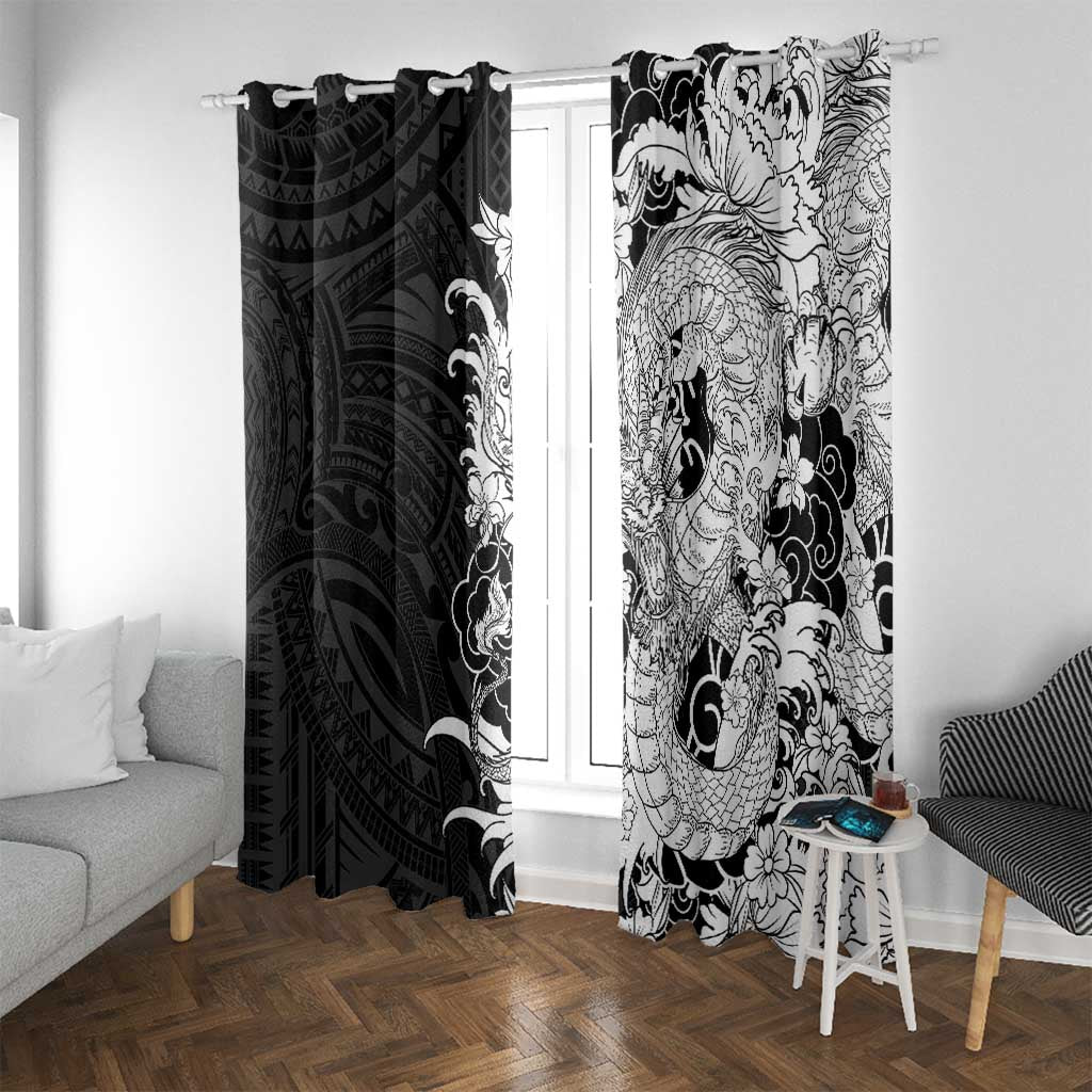 Hawaiian And Japanese Culture Window Curtain Irezumi Dragon With Polynesian Pattern Black - Polynesian Pride