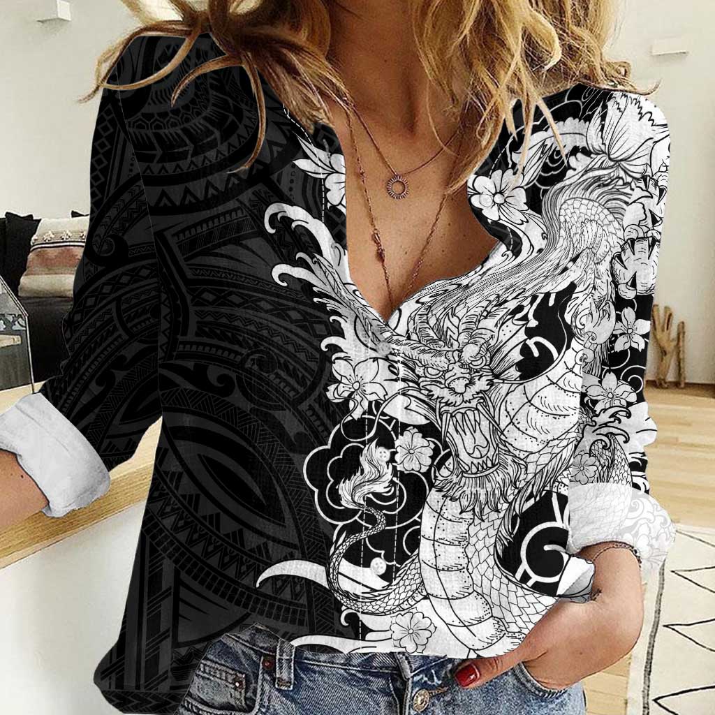 Hawaiian And Japanese Culture Women Casual Shirt Irezumi Dragon With Polynesian Pattern Black - Polynesian Pride