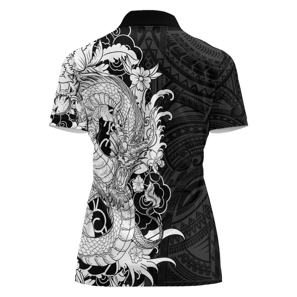 Hawaiian And Japanese Culture Women Polo Shirt Irezumi Dragon With Polynesian Pattern Black - Polynesian Pride