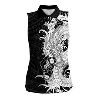 Hawaiian And Japanese Culture Women Sleeveless Polo Shirt Irezumi Dragon With Polynesian Pattern Black - Polynesian Pride