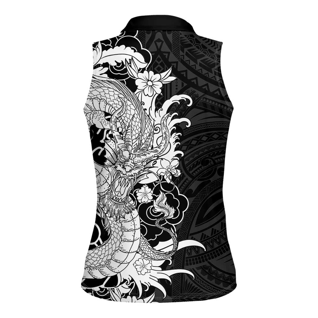 Hawaiian And Japanese Culture Women Sleeveless Polo Shirt Irezumi Dragon With Polynesian Pattern Black - Polynesian Pride