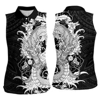 Hawaiian And Japanese Culture Women Sleeveless Polo Shirt Irezumi Dragon With Polynesian Pattern Black - Polynesian Pride