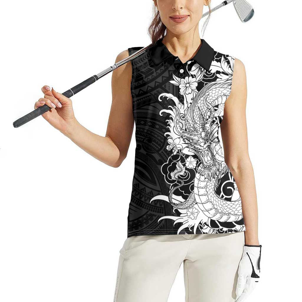 Hawaiian And Japanese Culture Women Sleeveless Polo Shirt Irezumi Dragon With Polynesian Pattern Black - Polynesian Pride