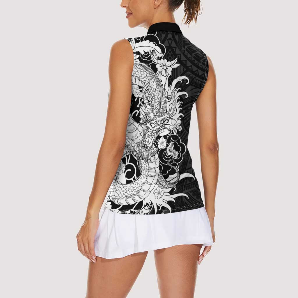 Hawaiian And Japanese Culture Women Sleeveless Polo Shirt Irezumi Dragon With Polynesian Pattern Black - Polynesian Pride