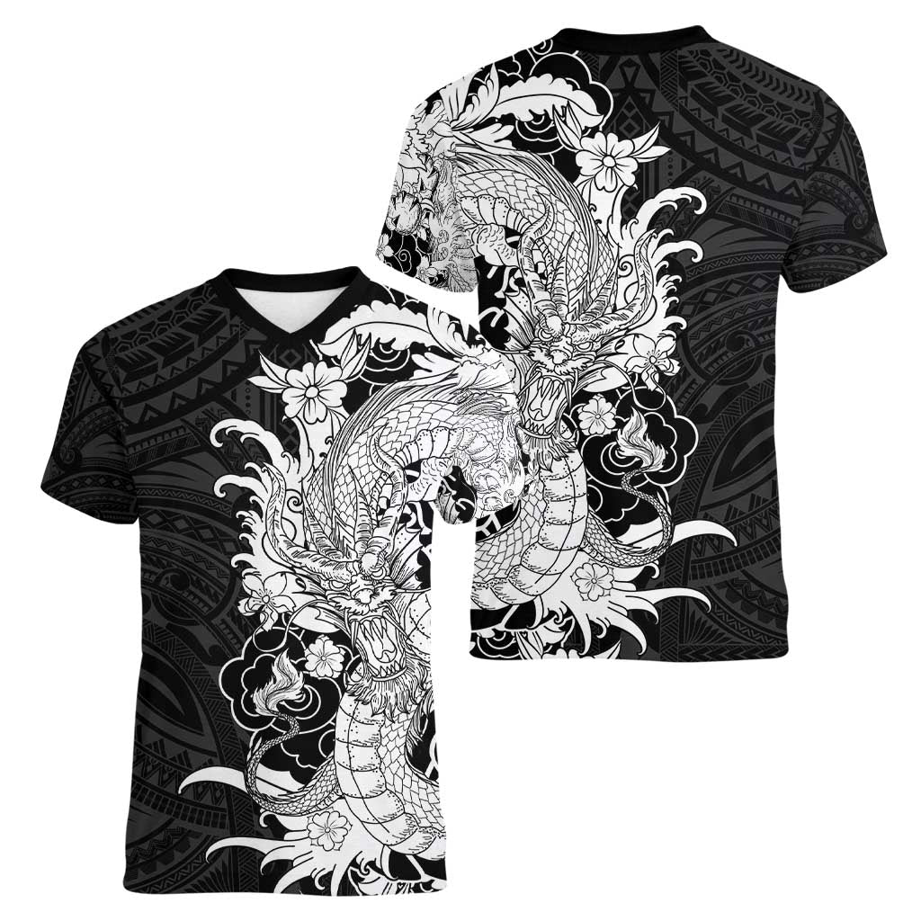 Hawaiian And Japanese Culture Women V-Neck T-Shirt Irezumi Dragon With Polynesian Pattern Black - Polynesian Pride