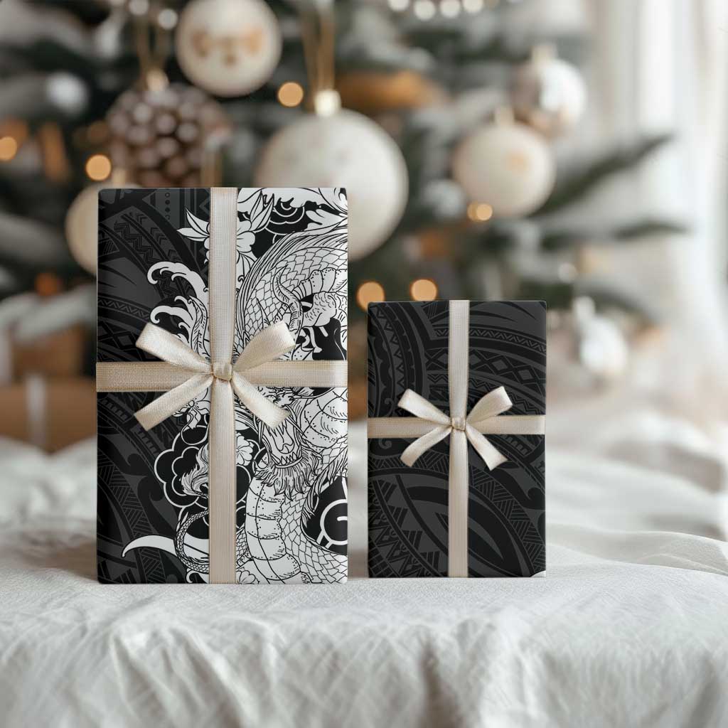 Hawaiian And Japanese Culture Wrapping Paper Irezumi Dragon With Polynesian Pattern Black