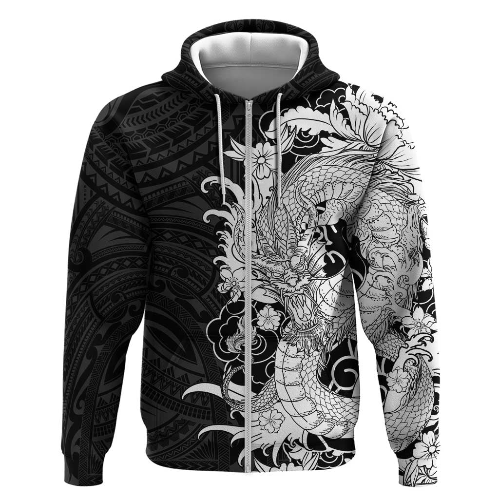 Hawaiian And Japanese Culture Zip Hoodie Irezumi Dragon With Polynesian Pattern Black - Polynesian Pride