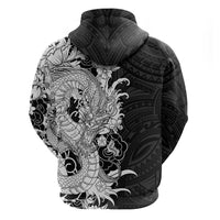 Hawaiian And Japanese Culture Zip Hoodie Irezumi Dragon With Polynesian Pattern Black - Polynesian Pride