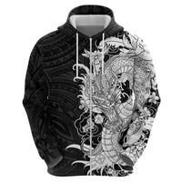 Hawaiian And Japanese Culture Zip Hoodie Irezumi Dragon With Polynesian Pattern Black - Polynesian Pride
