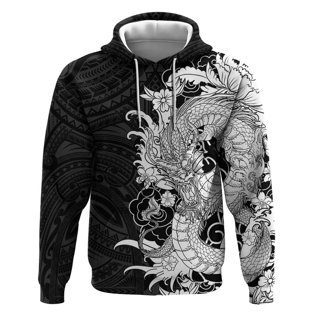 Hawaiian And Japanese Culture Zip Hoodie Irezumi Dragon With Polynesian Pattern Black - Polynesian Pride