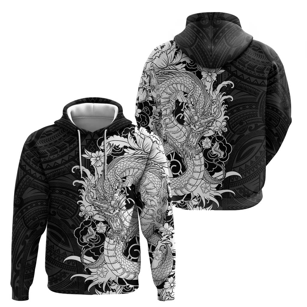 Hawaiian And Japanese Culture Zip Hoodie Irezumi Dragon With Polynesian Pattern Black - Polynesian Pride