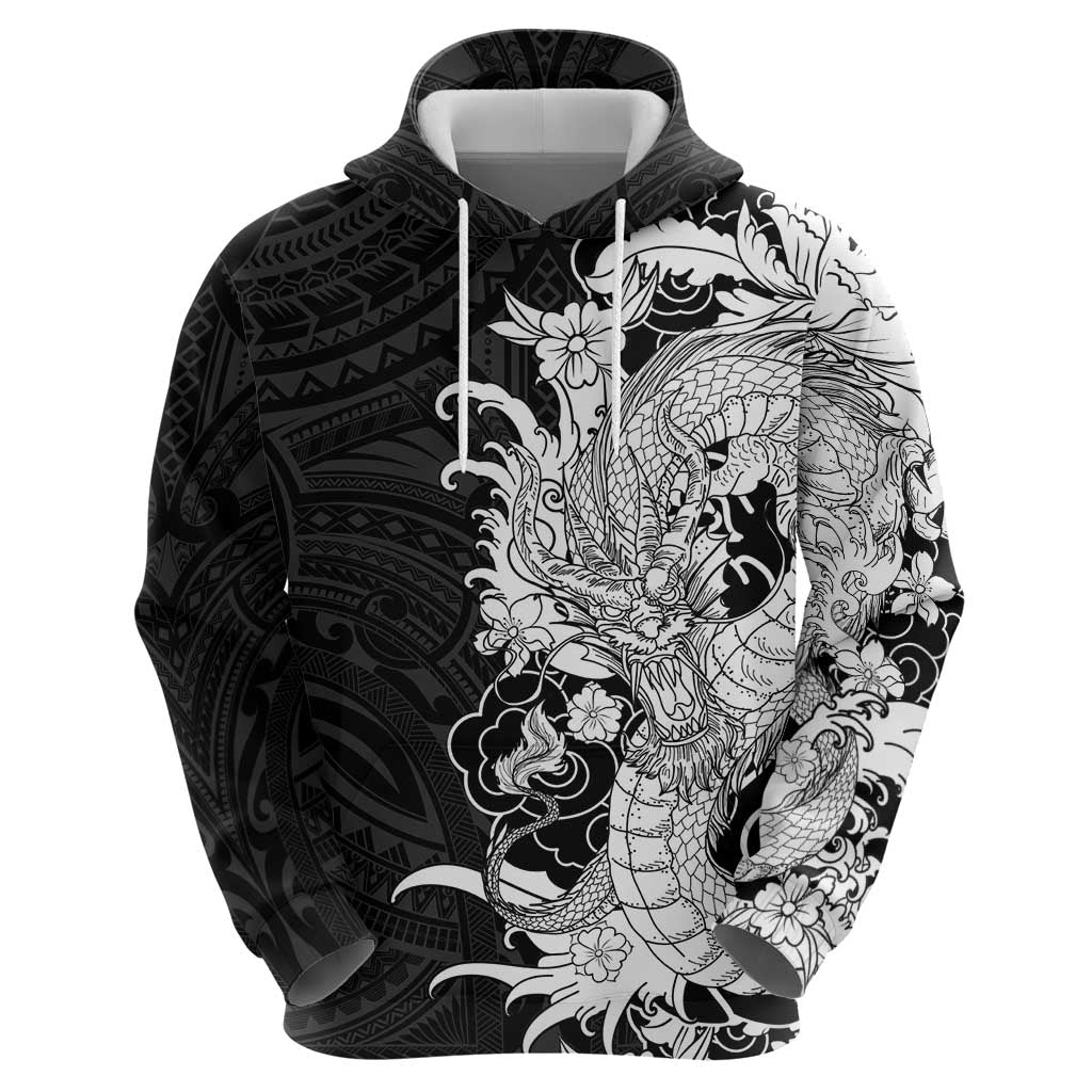 Hawaiian And Japanese Culture Zip Hoodie Irezumi Dragon With Polynesian Pattern Black - Polynesian Pride