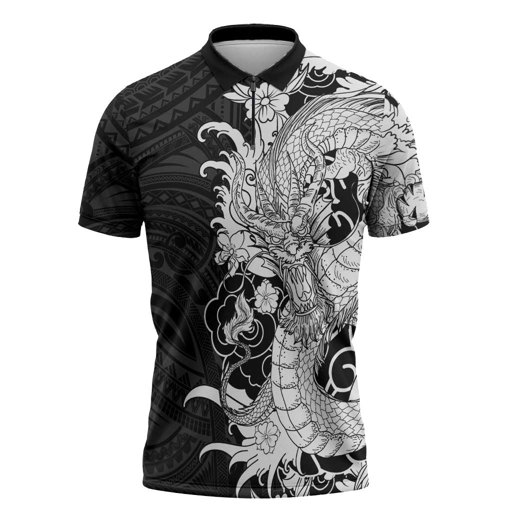Hawaiian And Japanese Culture Zipper Polo Shirt Irezumi Dragon With Polynesian Pattern Black - Polynesian Pride
