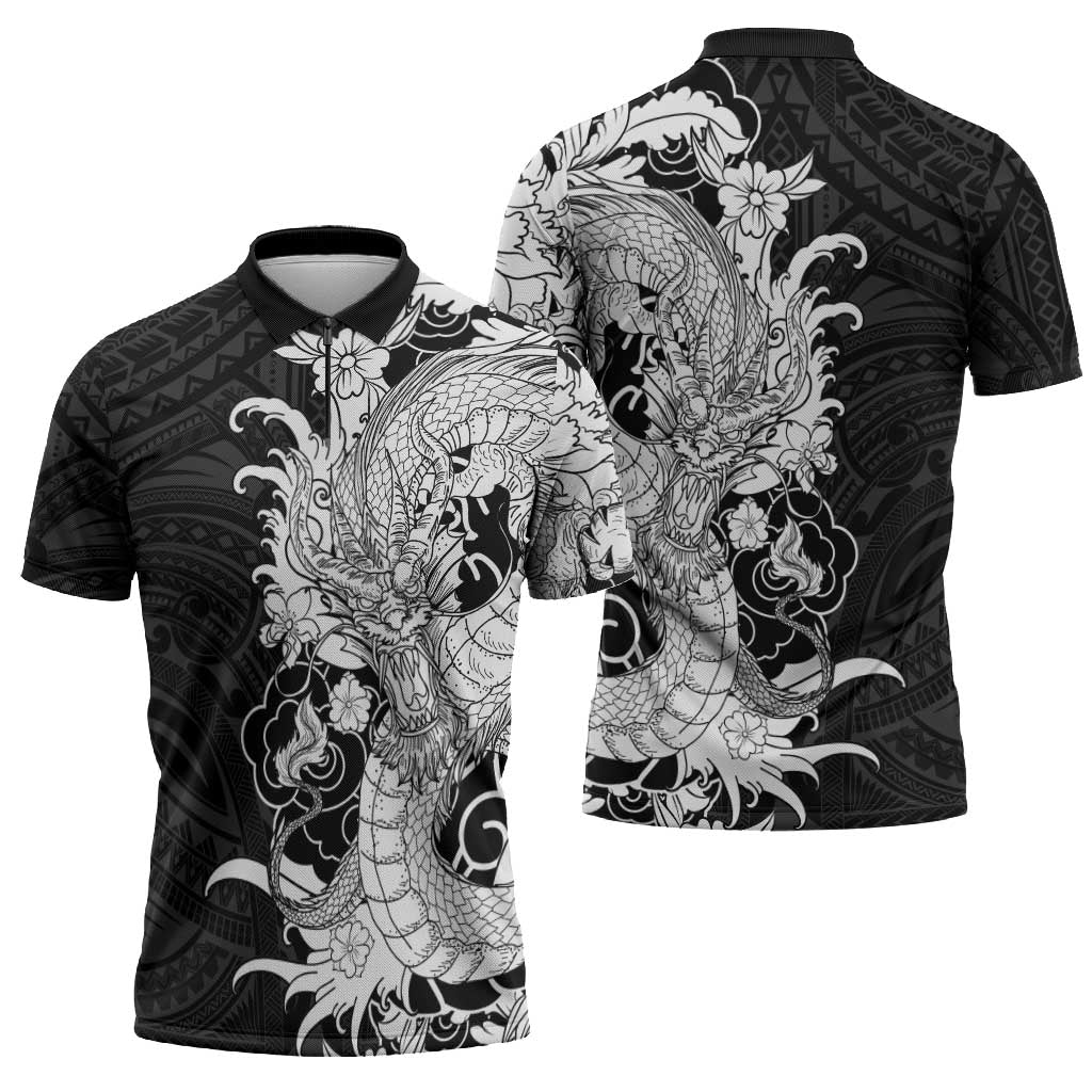 Hawaiian And Japanese Culture Zipper Polo Shirt Irezumi Dragon With Polynesian Pattern Black - Polynesian Pride