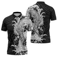 Hawaiian And Japanese Culture Zipper Polo Shirt Irezumi Dragon With Polynesian Pattern Black - Polynesian Pride