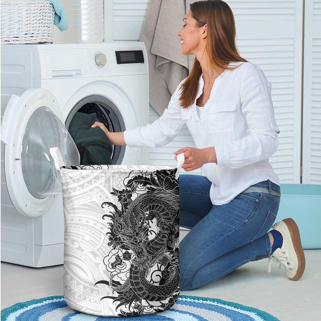 Hawaiian And Japanese Culture Laundry Basket Irezumi Dragon With Polynesian Pattern White - Polynesian Pride