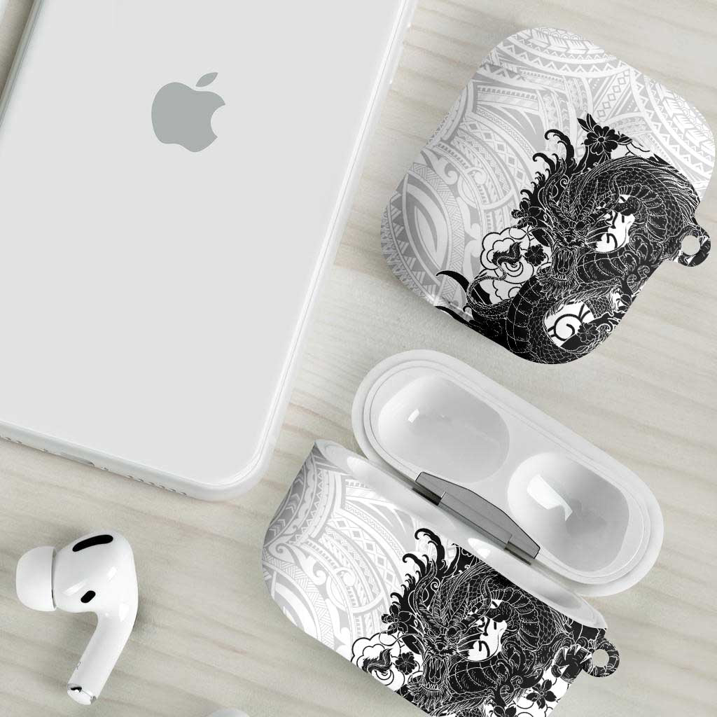 Hawaiian And Japanese Culture AirPods Case Irezumi Dragon With Polynesian Pattern White - Polynesian Pride