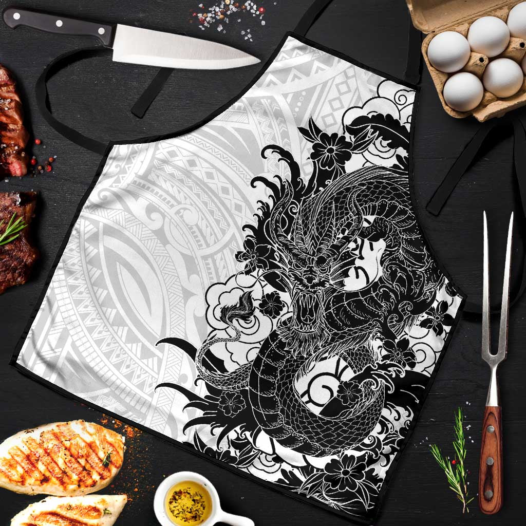Hawaiian And Japanese Culture Apron Irezumi Dragon With Polynesian Pattern White - Polynesian Pride