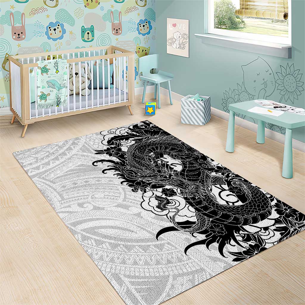 Hawaiian And Japanese Culture Area Rug Irezumi Dragon With Polynesian Pattern White - Polynesian Pride