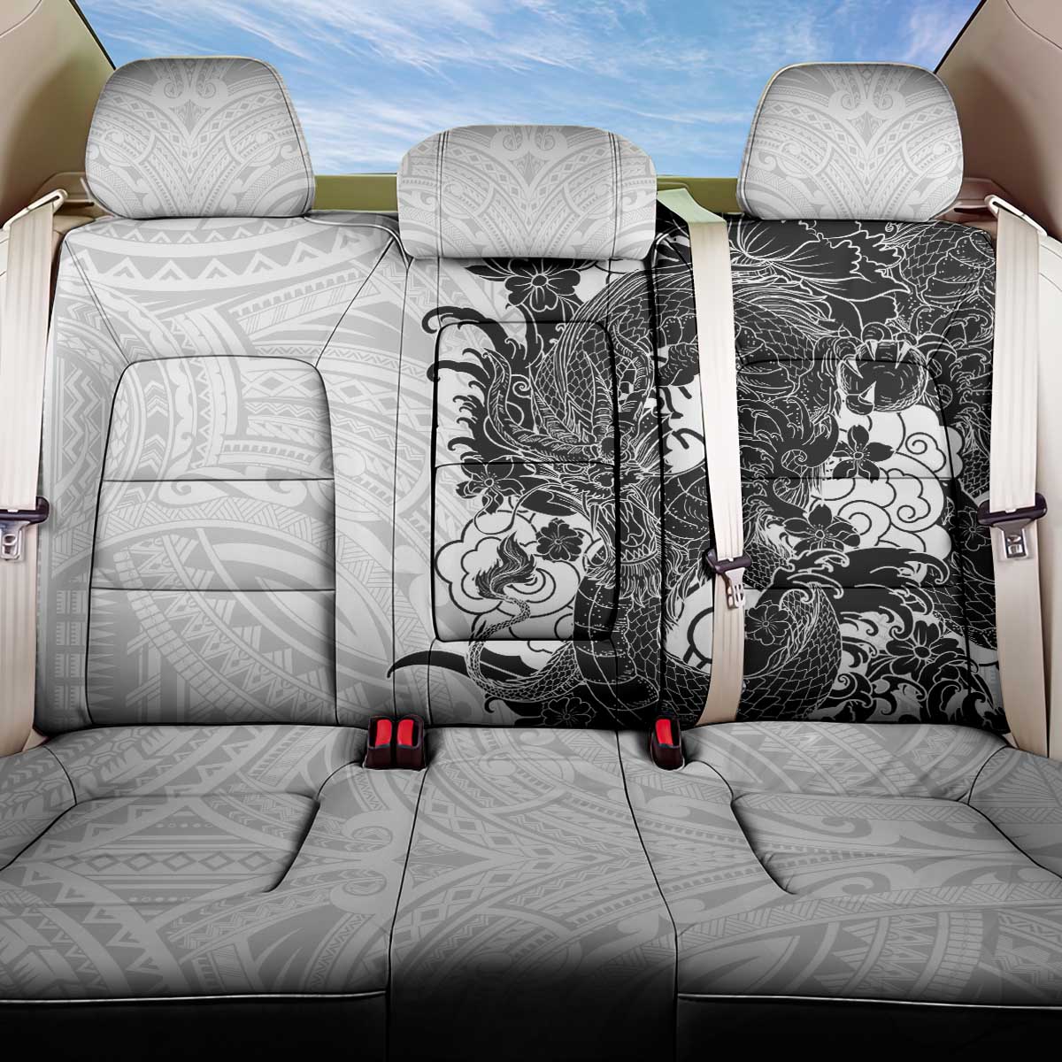 Hawaiian And Japanese Culture Back Car Seat Cover Irezumi Dragon With Polynesian Pattern White - Polynesian Pride