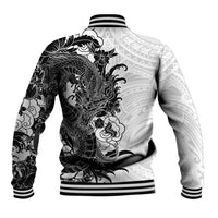 Hawaiian And Japanese Culture Baseball Jacket Irezumi Dragon With Polynesian Pattern White - Polynesian Pride