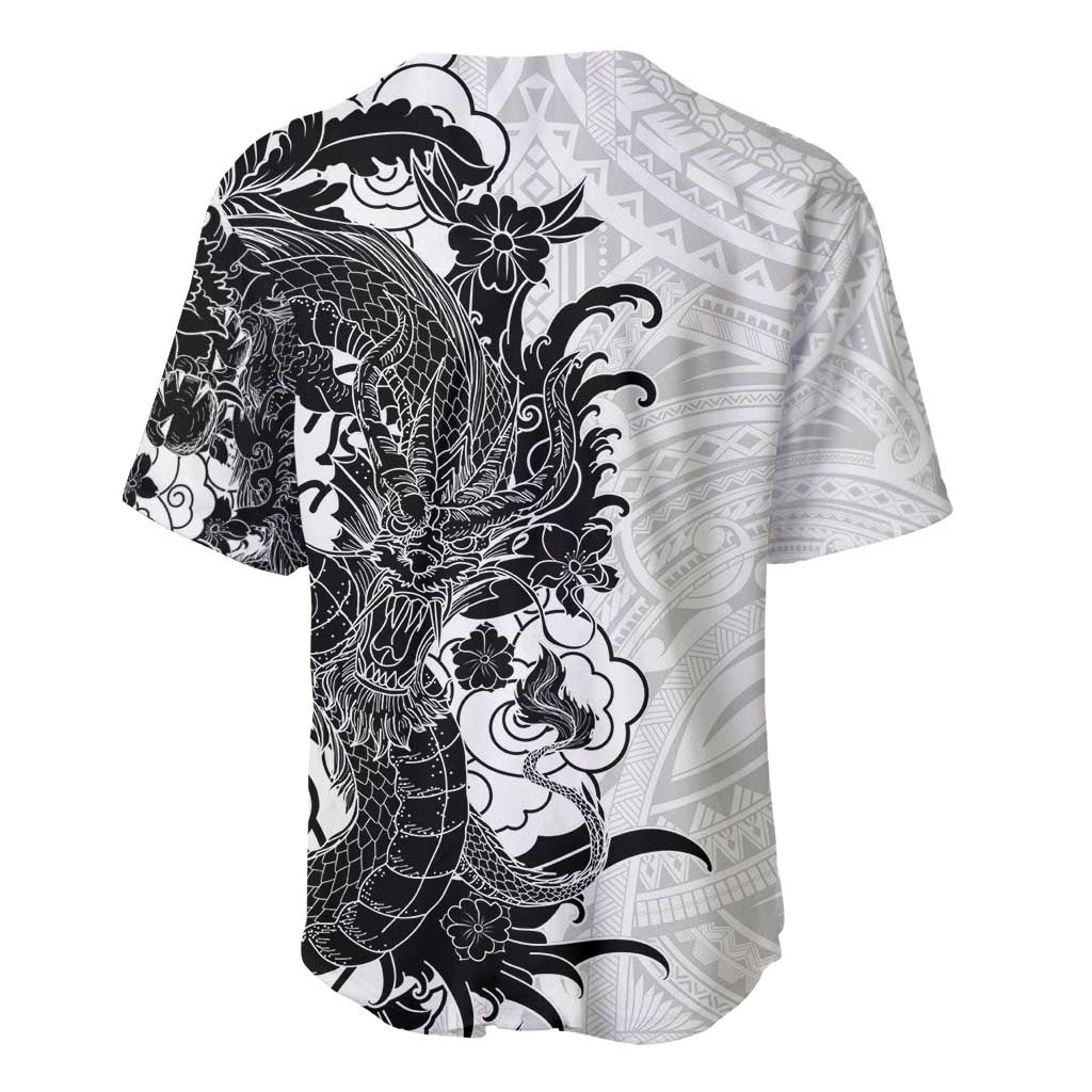 Hawaiian And Japanese Culture Baseball Jersey Irezumi Dragon With Polynesian Pattern White - Polynesian Pride