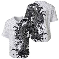 Hawaiian And Japanese Culture Baseball Jersey Irezumi Dragon With Polynesian Pattern White - Polynesian Pride