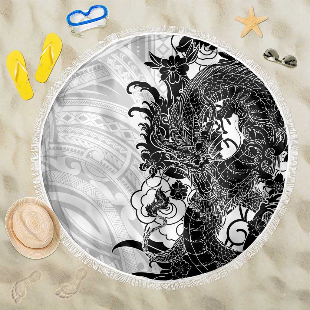 Hawaiian And Japanese Culture Beach Blanket Irezumi Dragon With Polynesian Pattern White - Polynesian Pride