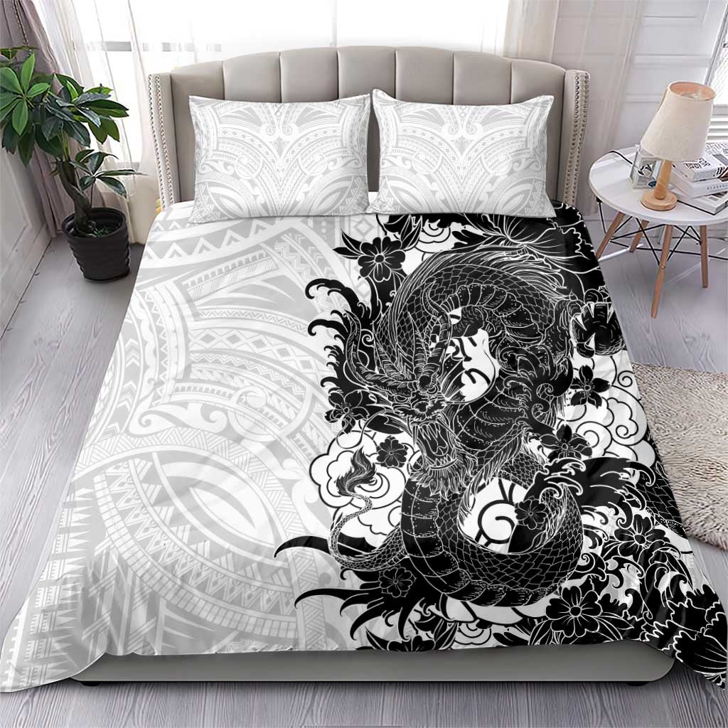 Hawaiian And Japanese Culture Bedding Set Irezumi Dragon With Polynesian Pattern White - Polynesian Pride