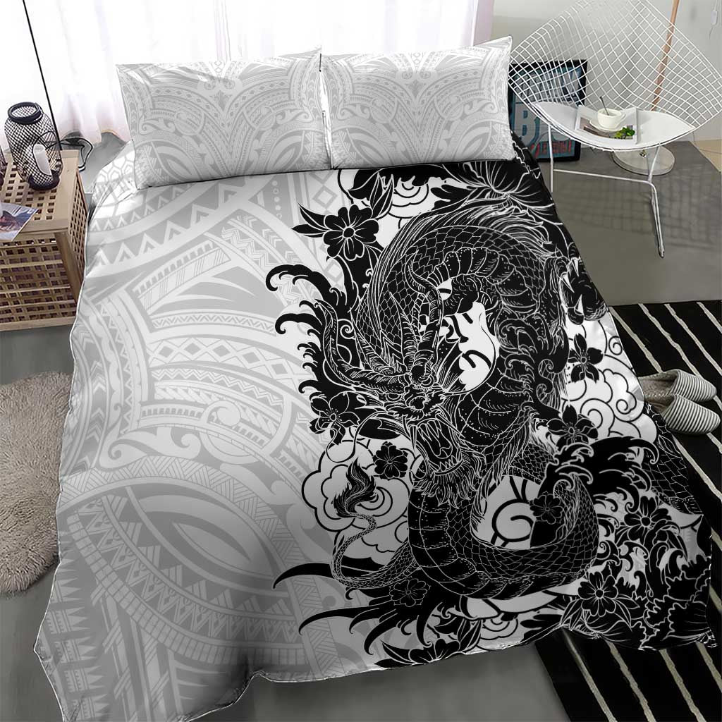 Hawaiian And Japanese Culture Bedding Set Irezumi Dragon With Polynesian Pattern White - Polynesian Pride