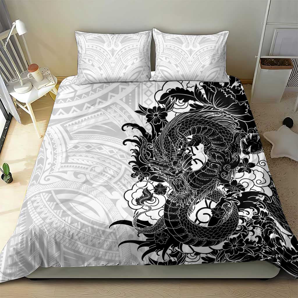 Hawaiian And Japanese Culture Bedding Set Irezumi Dragon With Polynesian Pattern White - Polynesian Pride