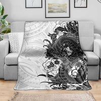 Hawaiian And Japanese Culture Blanket Irezumi Dragon With Polynesian Pattern White - Polynesian Pride