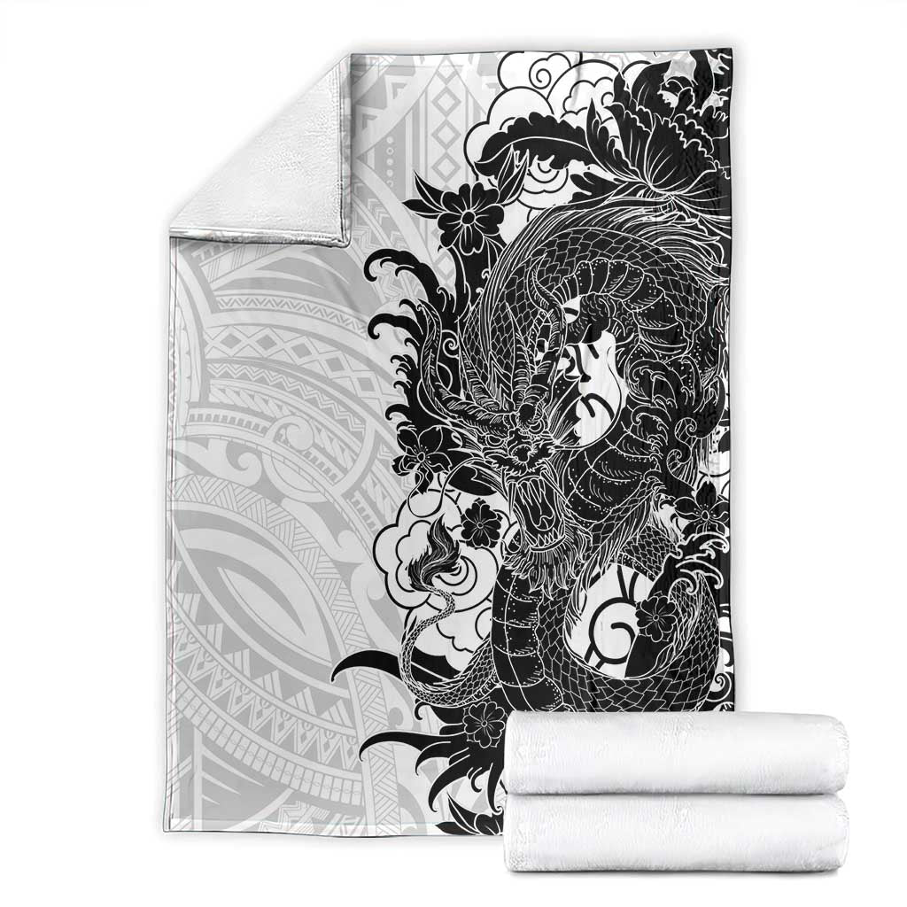 Hawaiian And Japanese Culture Blanket Irezumi Dragon With Polynesian Pattern White - Polynesian Pride