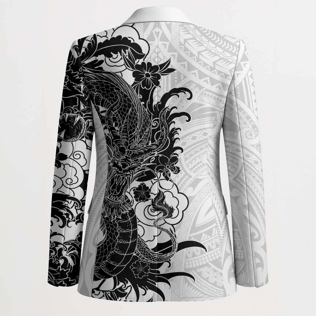 Hawaiian And Japanese Culture Blazer Irezumi Dragon With Polynesian Pattern White - Polynesian Pride