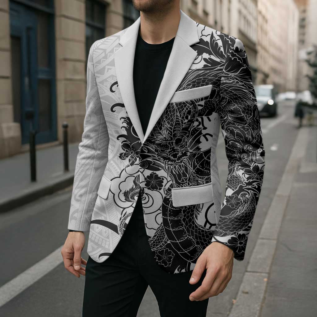 Hawaiian And Japanese Culture Blazer Irezumi Dragon With Polynesian Pattern White - Polynesian Pride