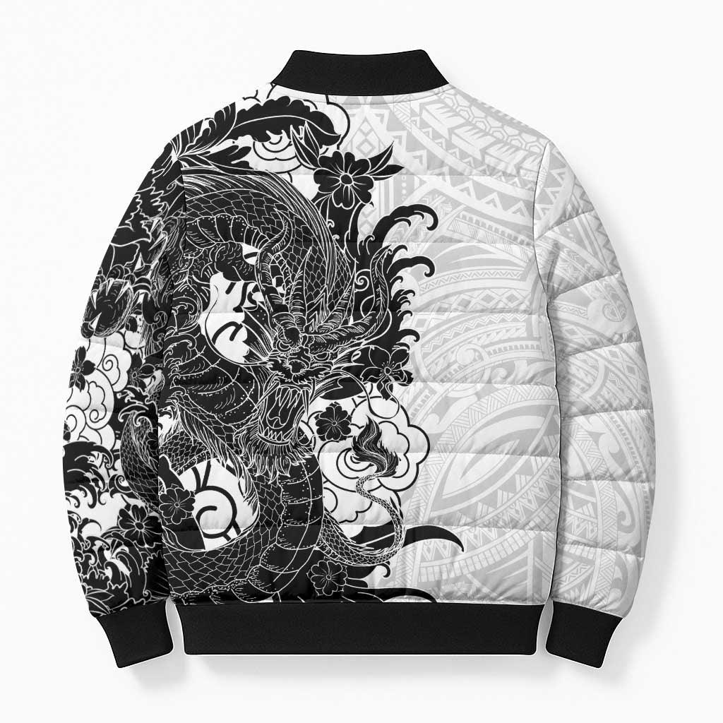 Hawaiian And Japanese Culture Bomber Puffer Jacket Irezumi Dragon With Polynesian Pattern White - Polynesian Pride