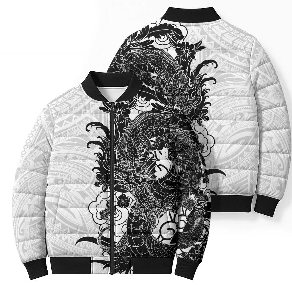 Hawaiian And Japanese Culture Bomber Puffer Jacket Irezumi Dragon With Polynesian Pattern White - Polynesian Pride
