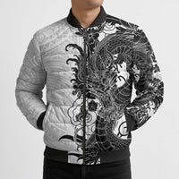 Hawaiian And Japanese Culture Bomber Puffer Jacket Irezumi Dragon With Polynesian Pattern White - Polynesian Pride