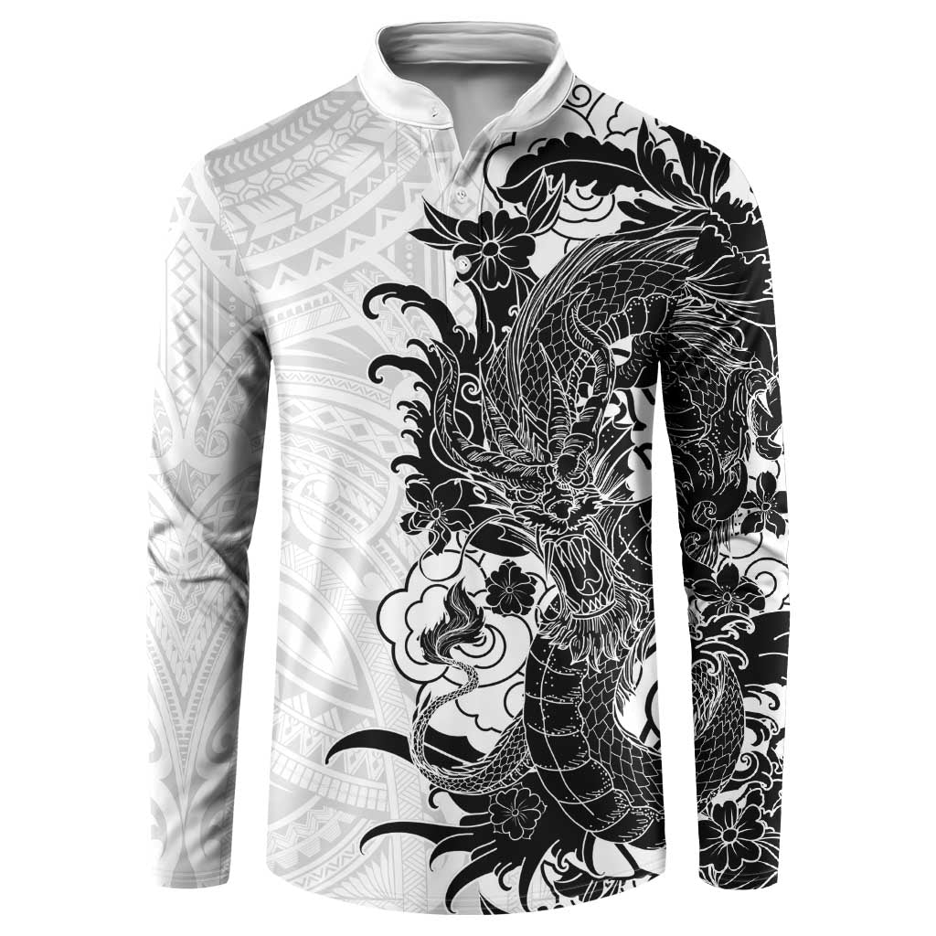 Hawaiian And Japanese Culture Button Sweatshirt Irezumi Dragon With Polynesian Pattern White - Polynesian Pride