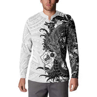 Hawaiian And Japanese Culture Button Sweatshirt Irezumi Dragon With Polynesian Pattern White - Polynesian Pride