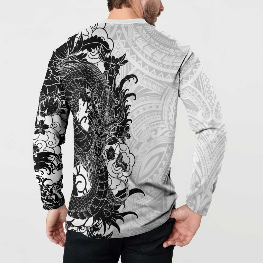 Hawaiian And Japanese Culture Button Sweatshirt Irezumi Dragon With Polynesian Pattern White - Polynesian Pride