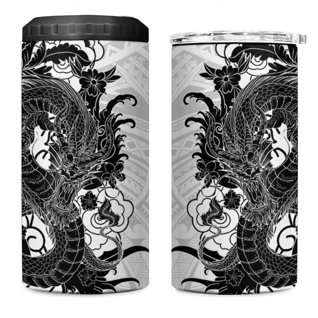 Hawaiian And Japanese Culture 4 in 1 Can Cooler Tumbler Irezumi Dragon With Polynesian Pattern White - Polynesian Pride