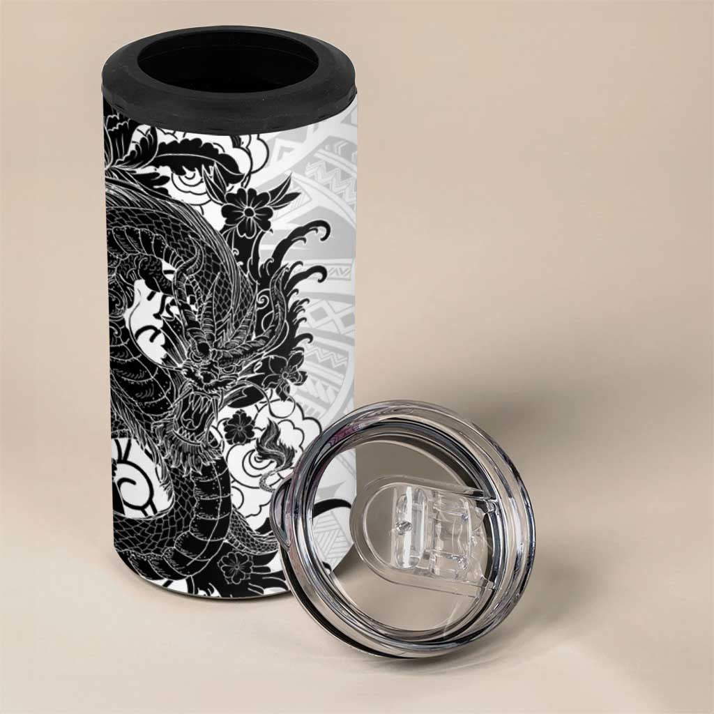 Hawaiian And Japanese Culture 4 in 1 Can Cooler Tumbler Irezumi Dragon With Polynesian Pattern White - Polynesian Pride