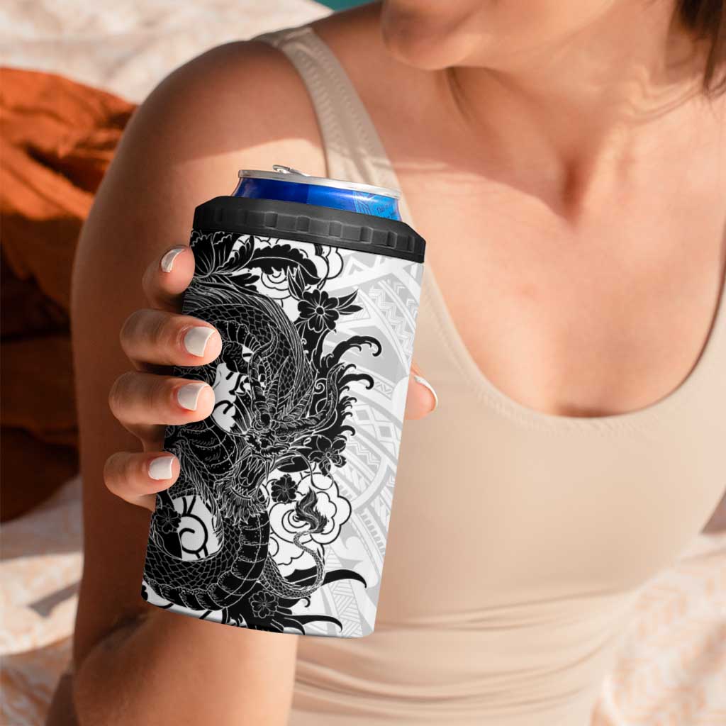 Hawaiian And Japanese Culture 4 in 1 Can Cooler Tumbler Irezumi Dragon With Polynesian Pattern White - Polynesian Pride