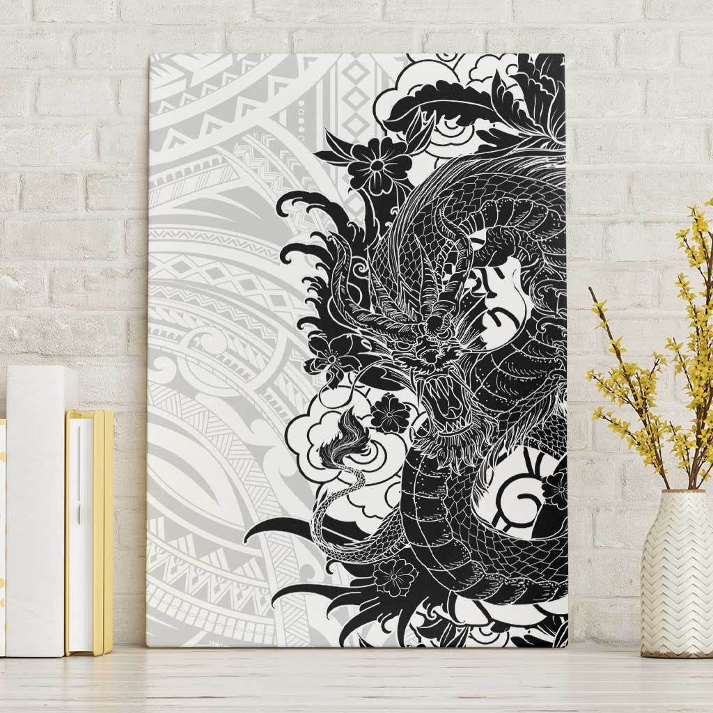 Hawaiian And Japanese Culture Canvas Wall Art Irezumi Dragon With Polynesian Pattern White - Polynesian Pride