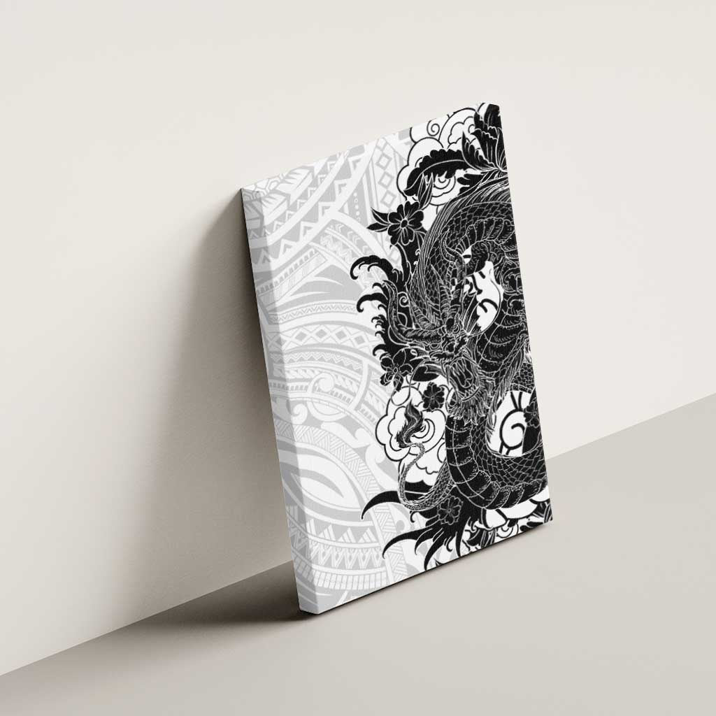 Hawaiian And Japanese Culture Canvas Wall Art Irezumi Dragon With Polynesian Pattern White - Polynesian Pride